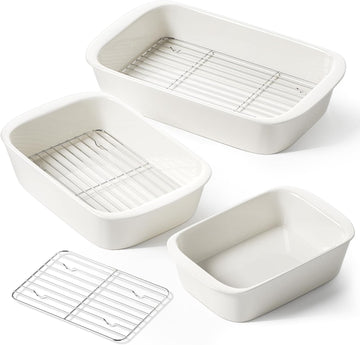 Deep Casserole Dishes for Oven, 13.7"x9.6" Ceramic Dish Set with Roasting Racks, Large Lasagna Pans with Handles