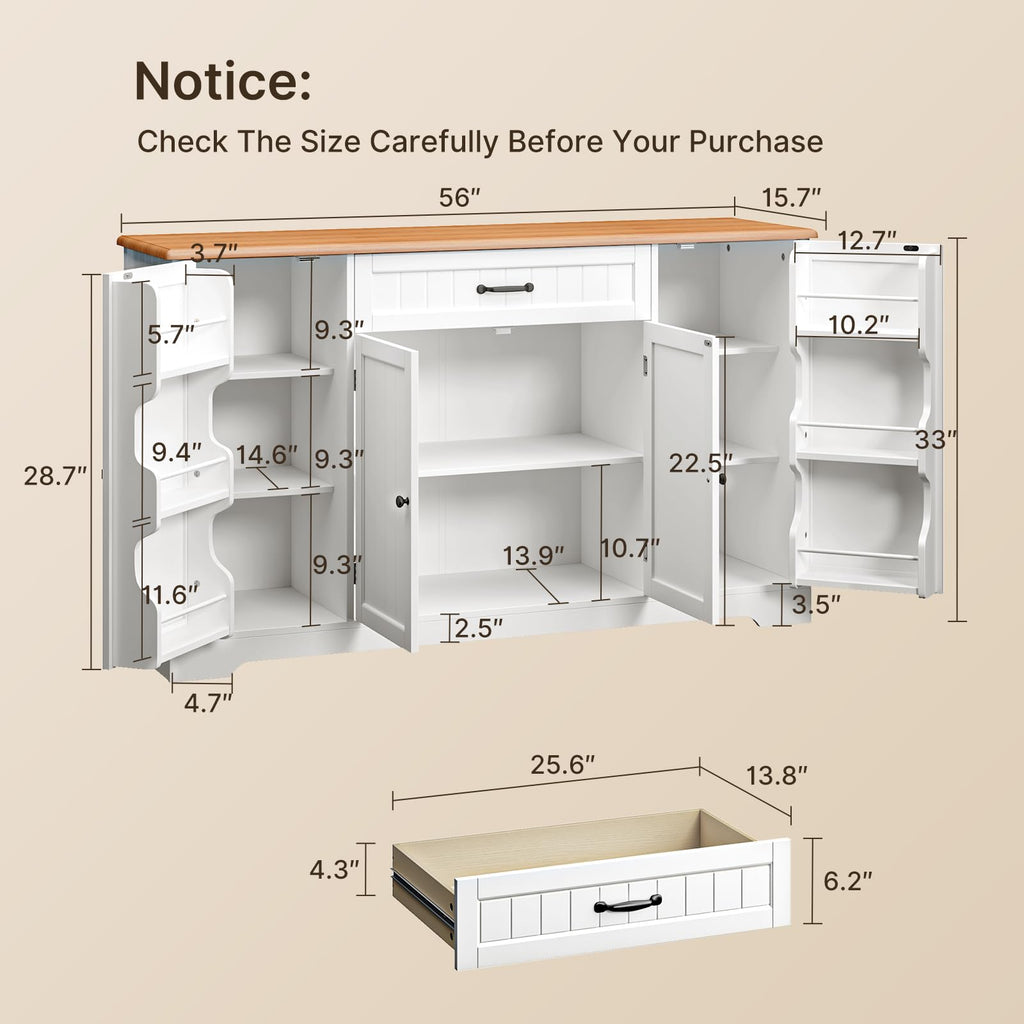 56" Kitchen Coffee Bar Cabinet with Storage, White and Rustic
