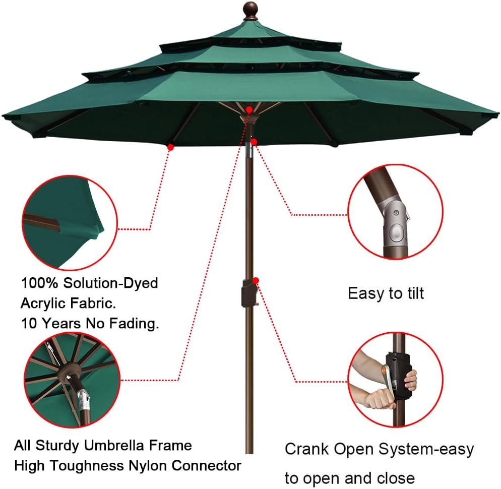 USA 10-Year-Non-Fading 9ft 3-Tier Market Patio Umbrella, Commercial Grade Outdoor Table Umbrella with Crank Open - Fores