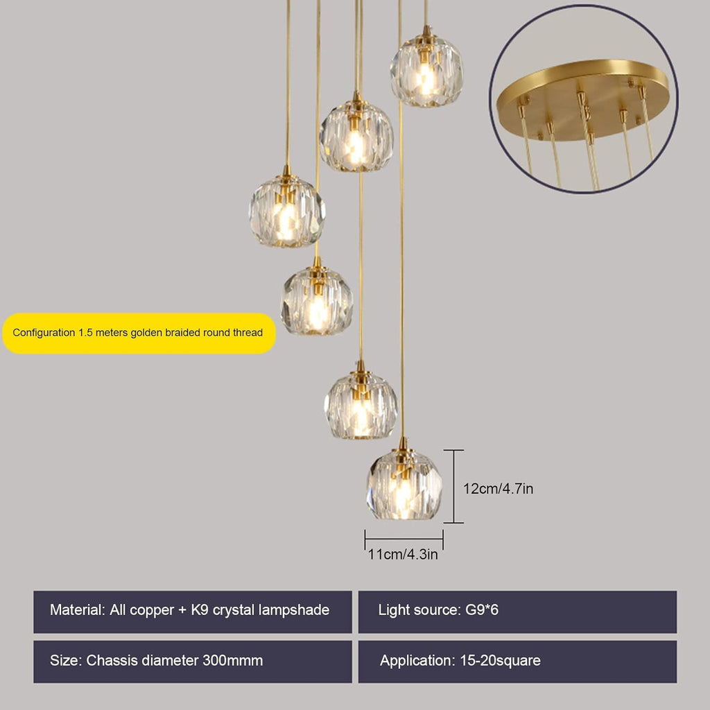 Crystal Chandelier _Light Fixture,All Copper Light Luxury Crystal Lamps Pendant Light,for Bedroom, Hallway, Bar Lighting,6 Heads Dome Plate