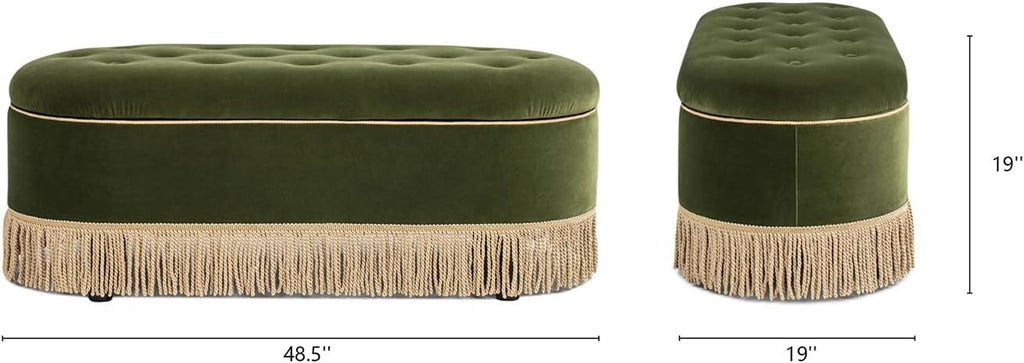 Elara 48.5" Oval Tufted Bullion Fringe Storage Bench, Olive Green Performance Velvet