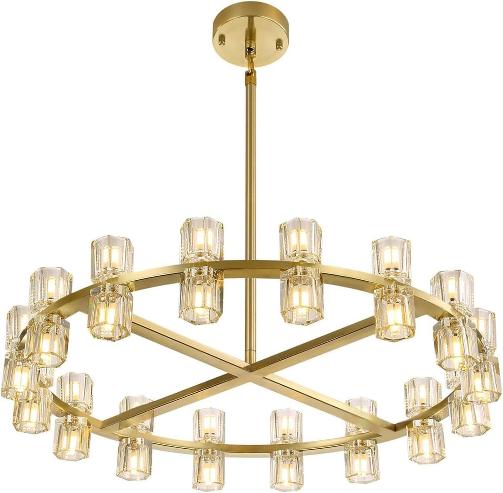 Inspired Arcachon Style Round Wagon Wheel Chandelier, 32" 32-Light Gold — Foyer, Dining & Living Room