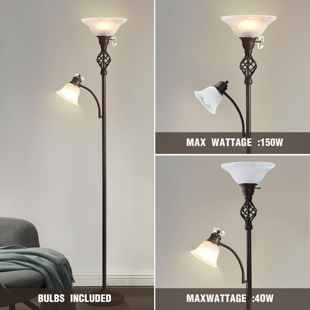 Torchiere Floor Lamp, LED Standing Reading Light with Glass Shade Corner Bedroom Home Office,Bulbs Included (Red Brown
