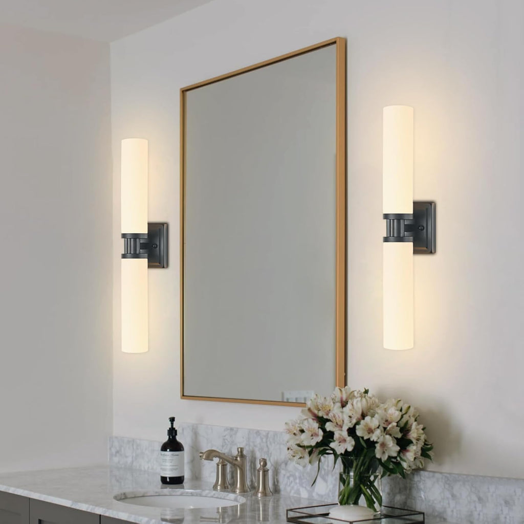 Black Wall Sconces Set of Two, Modern Bathroom Sconce with Frosted Glass, Hardwired Wall Light Fixtures for Bathroom