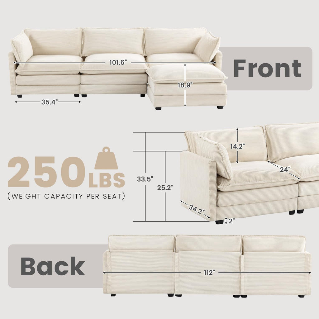 Oversized Modular Sectional Sofa with Movable Ottoman, 112 Inch 4 Seat Modern Corduroy Sofa Set