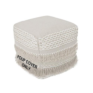 Pouf Ottoman Cover Boho Textured Storage Cube Poof, Farmhouse Accent Pouffe Footrest, kidsroom, Nook; 100% Cotton