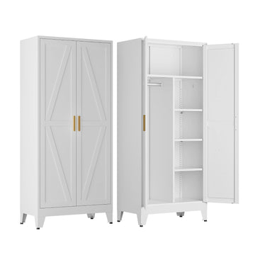 Metal Wardrobe Closet with Doors, 71'' Tall Steel Bedroom Armoire with Adjustable Hanging Rod and Shelves, Broom