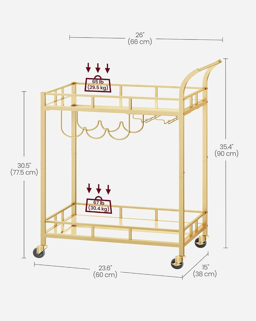 Bar Cart Gold, Home Bar Serving Cart, Wine Cart with 2 Mirrored Shelves, Wine Holders, Glass Holders, Gold ULRC092A62
