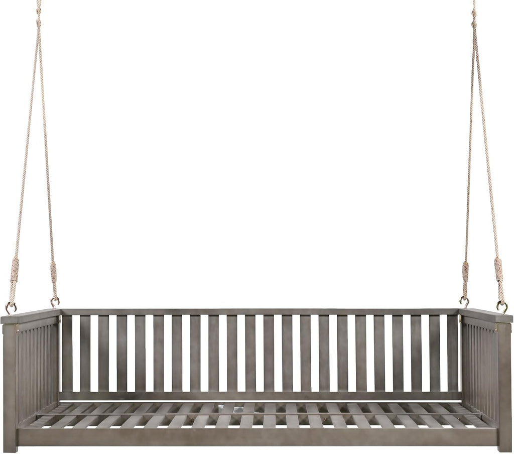 Porch Daybed Swing Outdoor Wooden Swing Bench, Patio Hanging Swing Chair Swinging Bed for Garden, Backyard, Deck, Grey