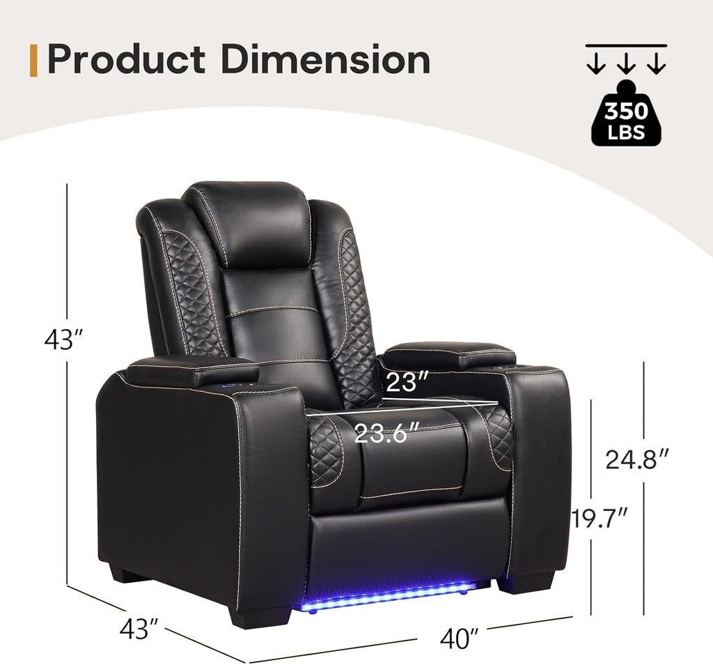 Power Recliner Home Theater Seating, Electric Recliner Chair with Adjustable Headrest,PU Leather Dual Motor Movie Reclining Chairs with Cup Holders LED Lights,USB Port,Hidden Arm Storage (Black)