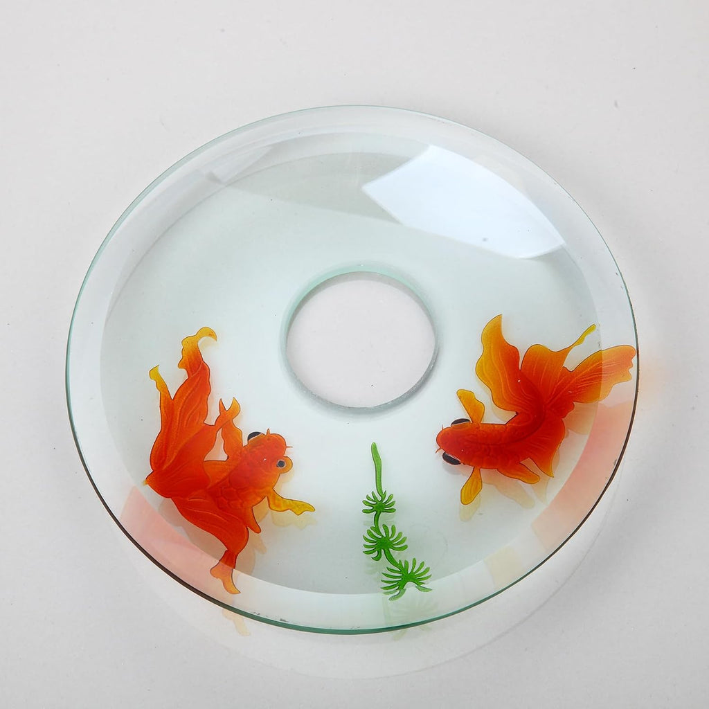 Clear Bathroom Sink Hand Painting Gold Fish Tempered Glass Vessel Sink Basin with Waterfall Faucet and Drain
