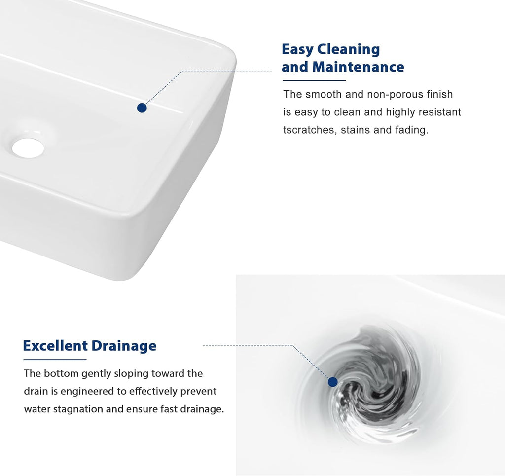 Vessel Sink Rectangular - 19"x15" White Bathroom Sink Rectangle Above Counter Porcelain Ceramic Bathroom Vessel