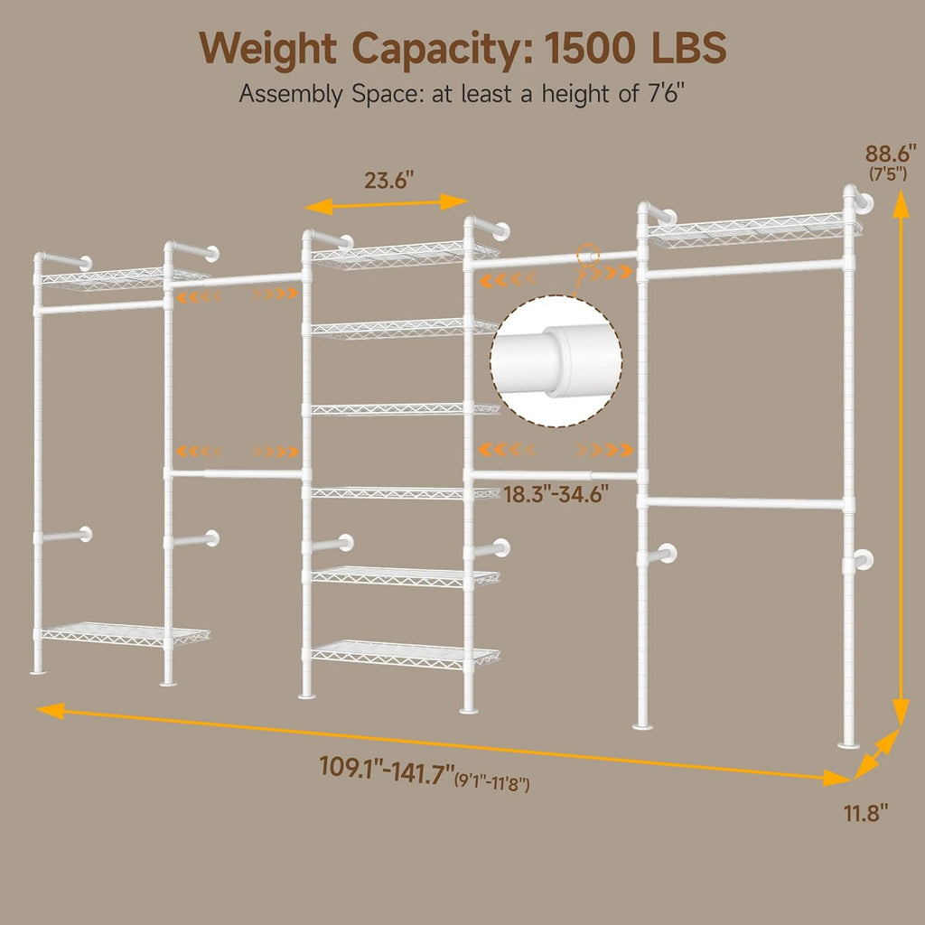 H5 Wall Mounted Closet System, Industrial Pipe Clothes Racks Clothing Rack with 4 Telescopic Rods & 3 Fixing Rods & 9