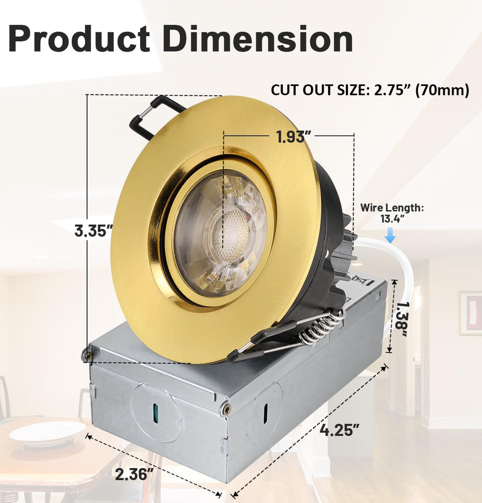 3 Inch Gimbal LED Recessed Lights 6 Pack,Adjustable Downlight, Gold