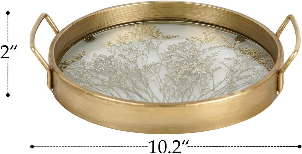 Decorative Tray with Natural Dried Botanical Grass, Round Gold Metal Frame, Mirror Glass Serving Tray, Vintage