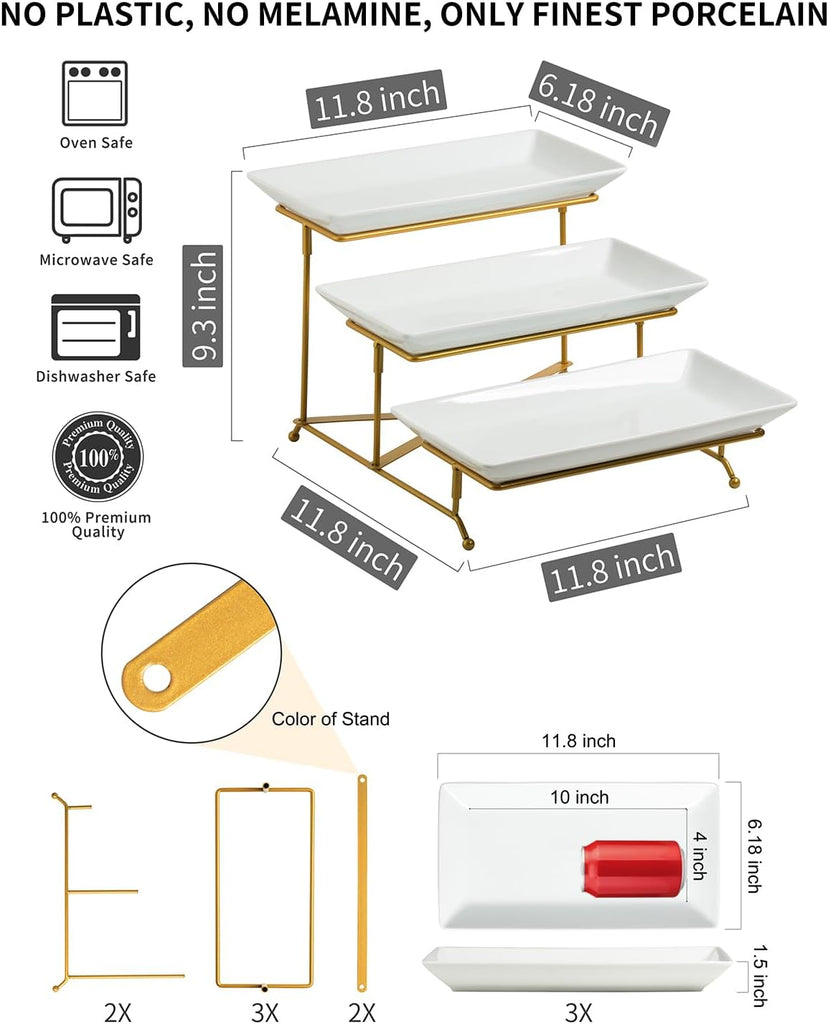 3 Tier Serving Tray, Porcelain Serving Platter Tier Serving Stand | Serving Trays and Platters with Collapsible