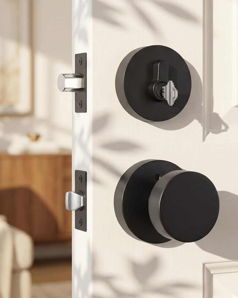 Black Door Knobs with Deadbolt, Zinc Alloy Exterior Front Door Knobs and Single Cylinder Deadbolt, Matte Black Front