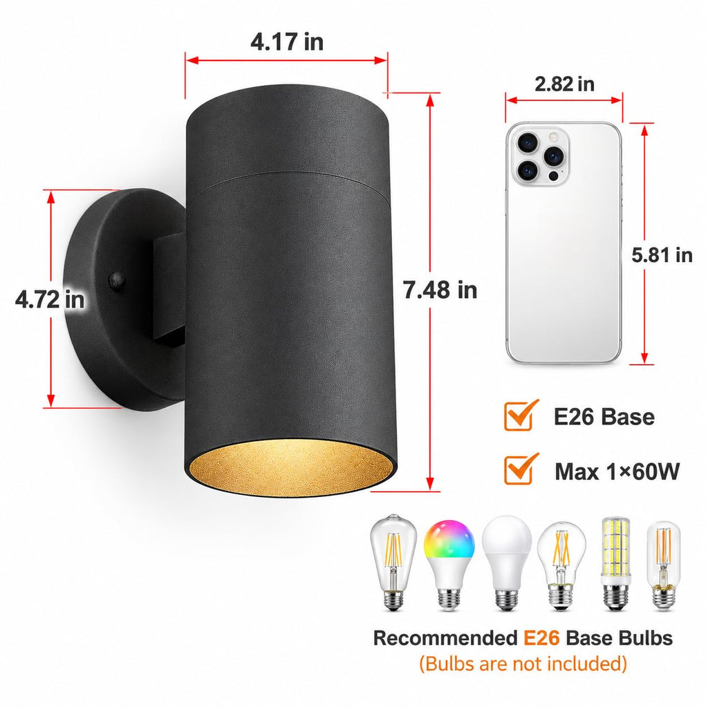 Modern Outdoor Wall Sconce Lights, Cylinder, Black, 2 Pack