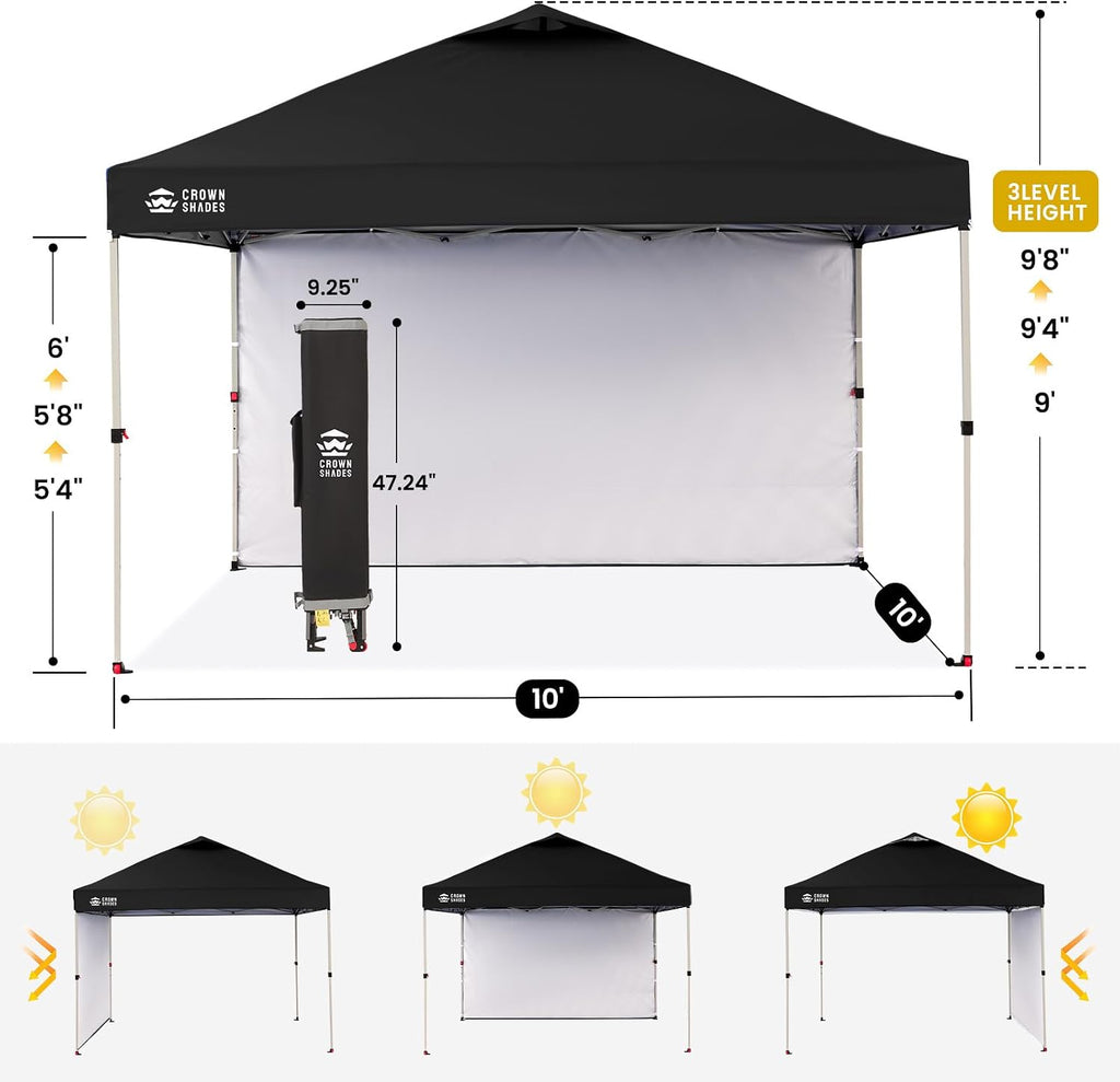 10x10 Pop Up Canopy with 1 Side Wall - Beach Tent with One Push Setup - Black