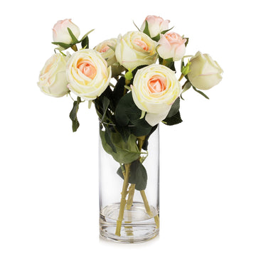9 Heads Silk Rose Artificial Flowers in Vase, Faux Rose Flowers Arrangement in Vase with Faux Water for Table Decor