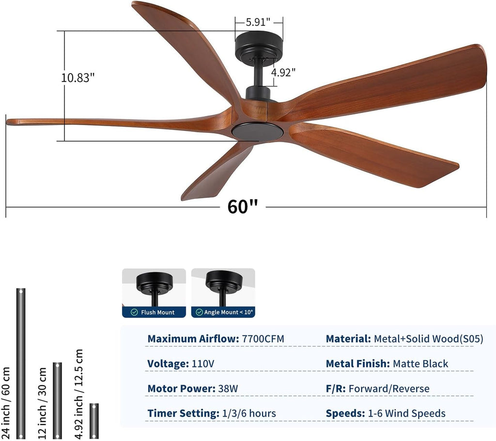 Farmhouse Ceiling Fan no Lights with Remote Control, 60 Inch Outdoor Indoor Ceiling Fan Without Light