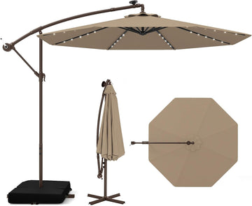 10FT Offset Patio Umbrella with Base Included, Outdoor Cantilever Umbrella with 40 Solar LED Lights, Tilt Adjustment