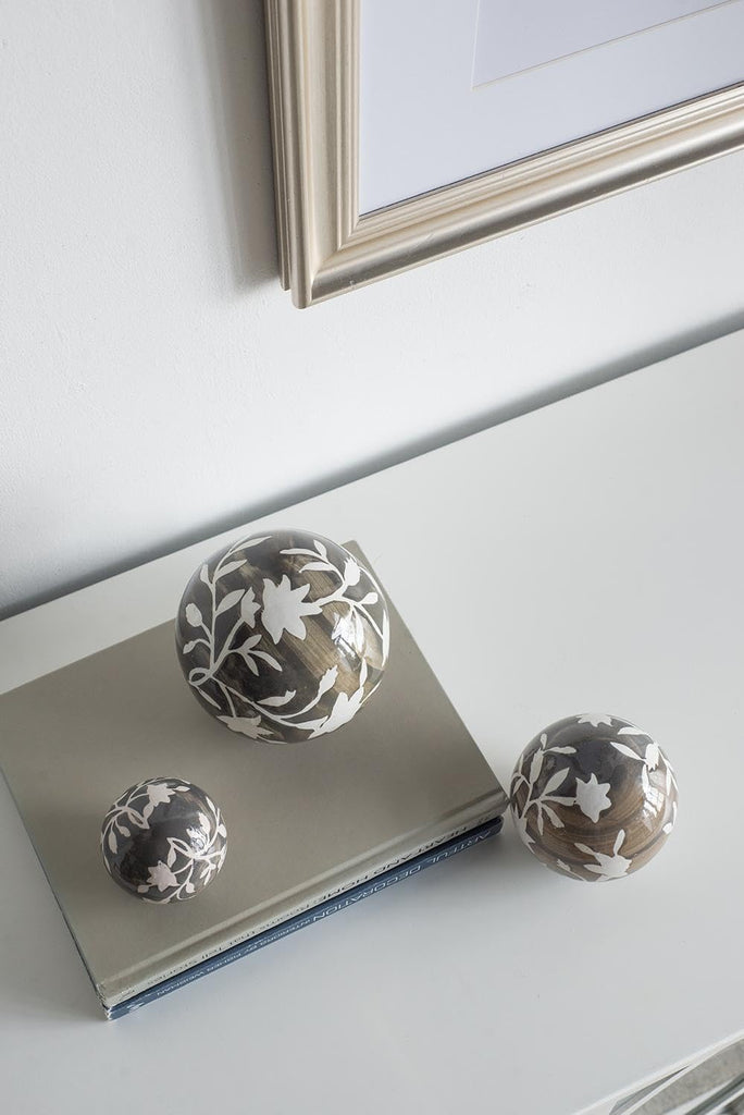 Set of 3 Ceramic Decorative Spheres - Handcrafted Floral Gray Orbs, Different Sizes, Decor, Tabletop Accent, Shelf