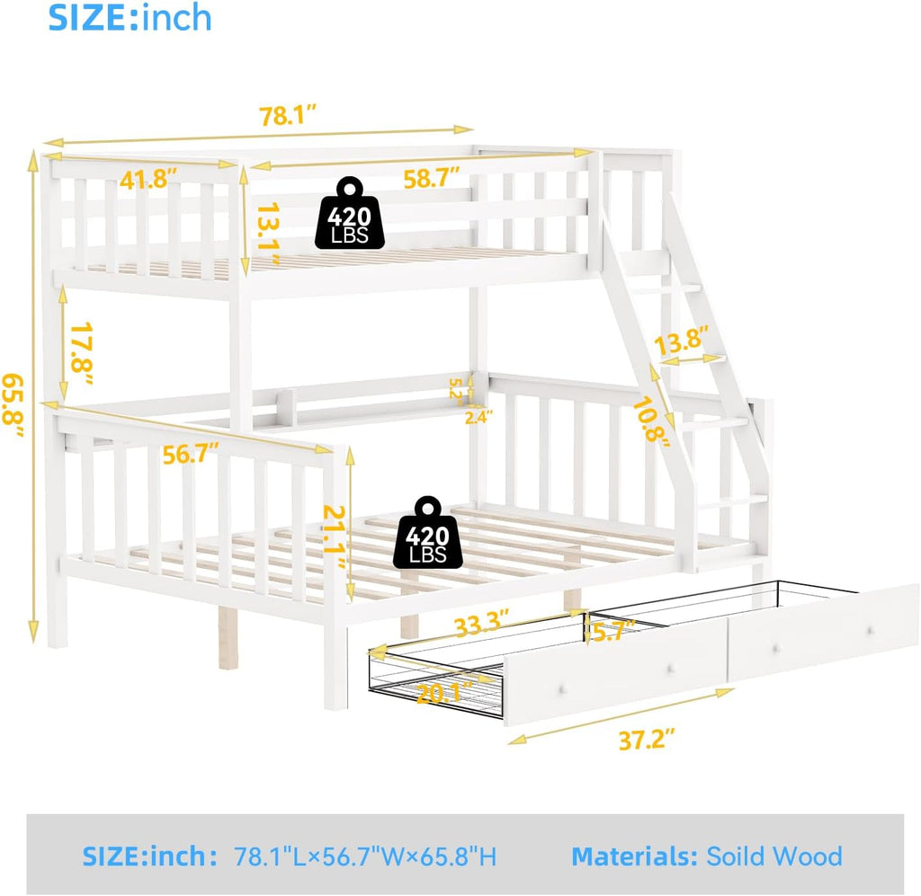 Solid Wood Bunk Bed with Charging Station and LED Lights Detachable Bunk Bed Twin Over Twin with 2 Storage Drawers