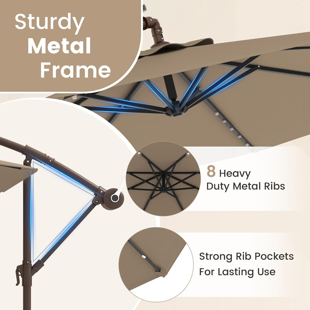 10FT Offset Patio Umbrella with Base Included, Outdoor Cantilever Umbrella with 40 Solar LED Lights, Tilt Adjustment