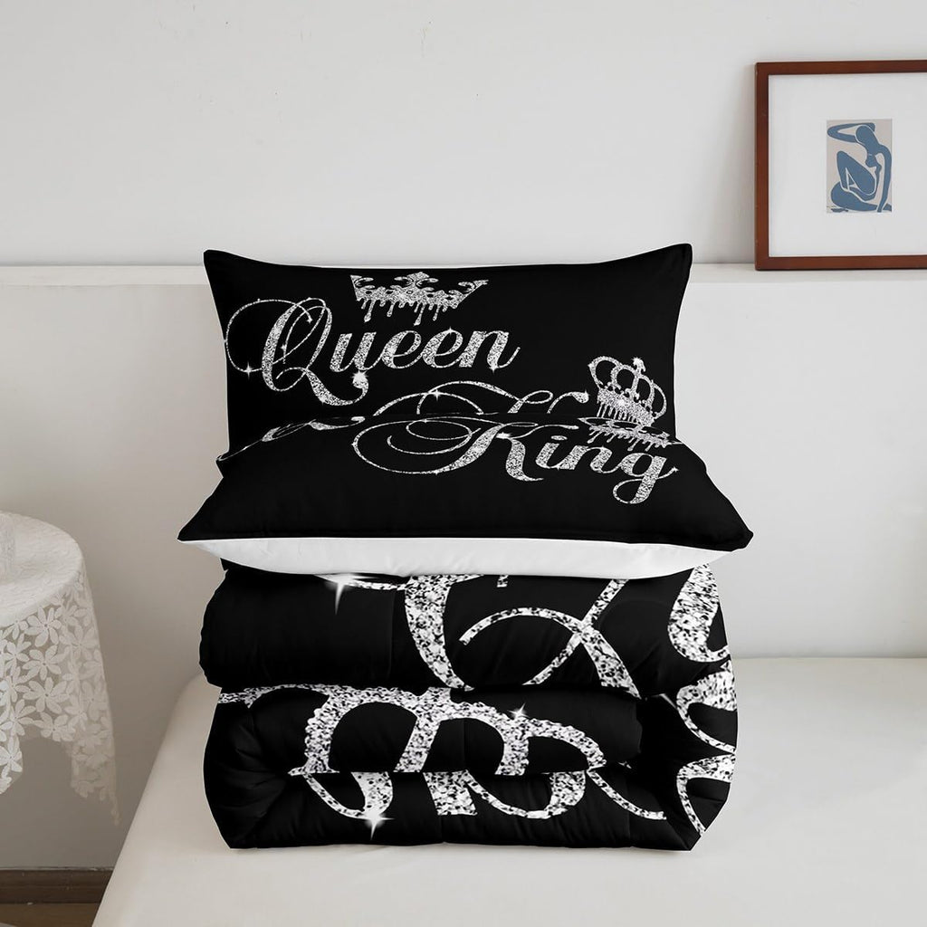 Crown Queen and King Couple Comforter Sets His and Hers Bedding Set for Teens Women Men Black Grey Twin,Lover