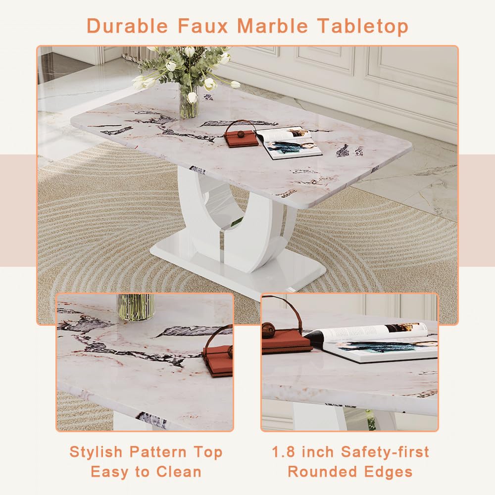 63" Faux Marble Dining Table, Modern Rectangular Kitchen Table with 1.65'' Thick MDF Tabletop, Rounded Corners