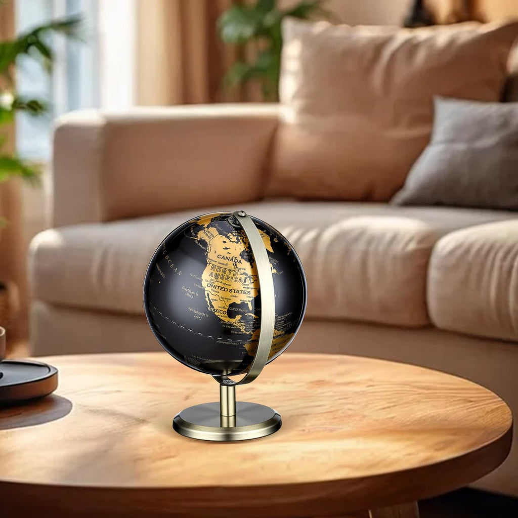 6 Inch Small World Globe, Black Gold Desktop Globe with Antique Bronze Stand, Vintage Metal Geography Map, Elegant