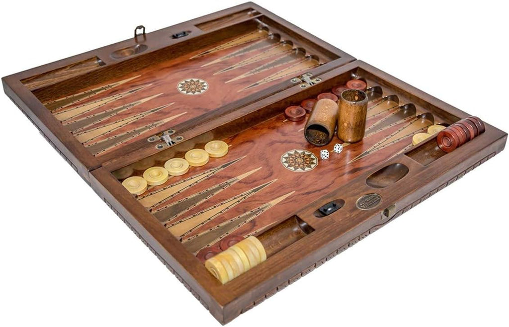 Backgammon Set Mosaic and Carved Design - Foldable Rosewood Board - Classic Board Game - Size 20,5"