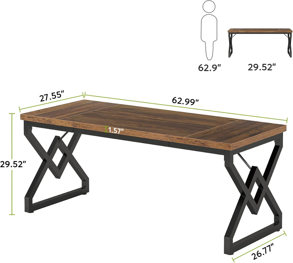 63-inch Executive Desk, Large Office Computer Desk with Extra Thick Wooden Tabletop and Metal Frame