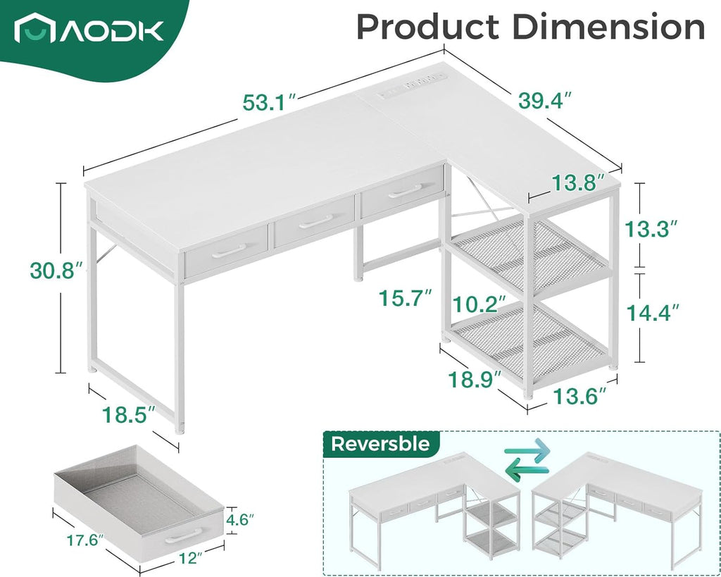 53 Inch L Shaped Computer Desk with Drawers, Corner Desk with Power Outlets & Reversible Storage Shelves Gaming, White