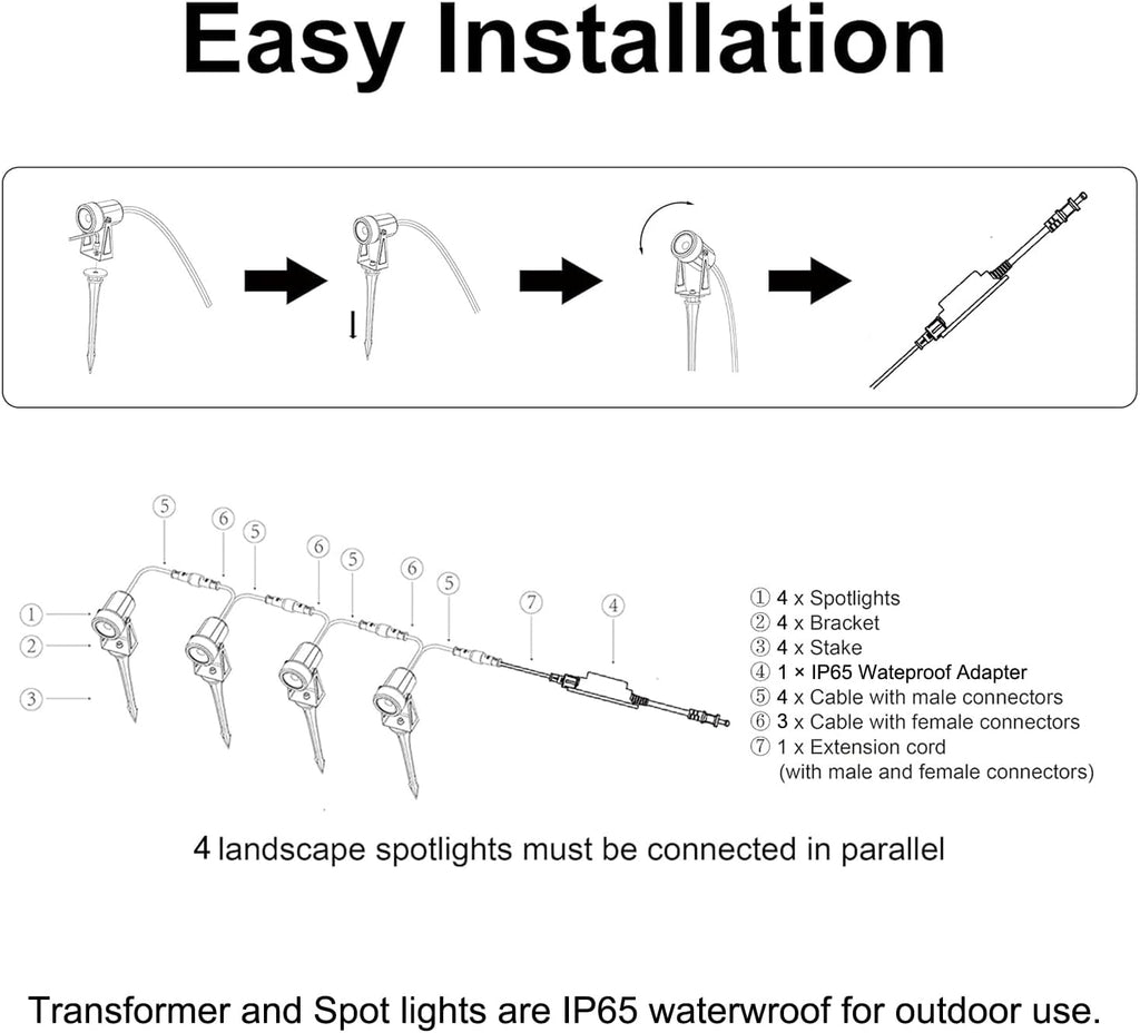 4 Pack Outdoor Landscape Lighting with Transformer, LED Spot Lights | Low Voltage Outdoor Yard Lighting, Extendable