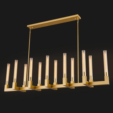Inspired Cannele Style 68-Inch 12-Light Gold Modern Chandelier with Knurled Glass Tube Shades, Rectangular Luxury Ceiling Pendant Light Fixture for Dining Room, Living Room, or Foyer
