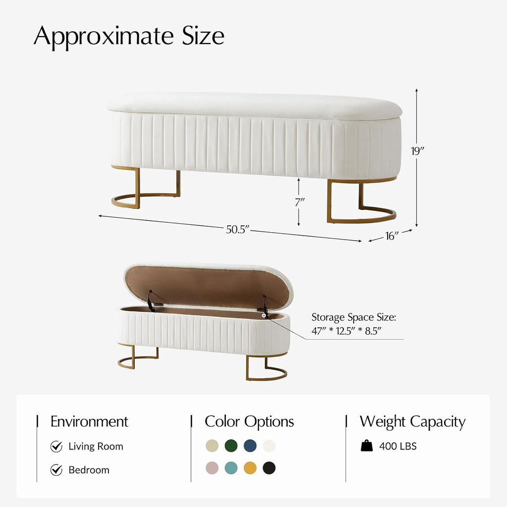 50.5" Velvet Bedroom Storage Bench Ottoman, Upholstered End of Bed Bench with Gold Legs, Flipping Lid Entryway