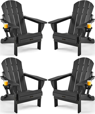 Folding Adirondack Chair 4 Pack, Patio Adirondack Chair Weather Resistant, Plastic Fire Pit Chair with Cup Holder