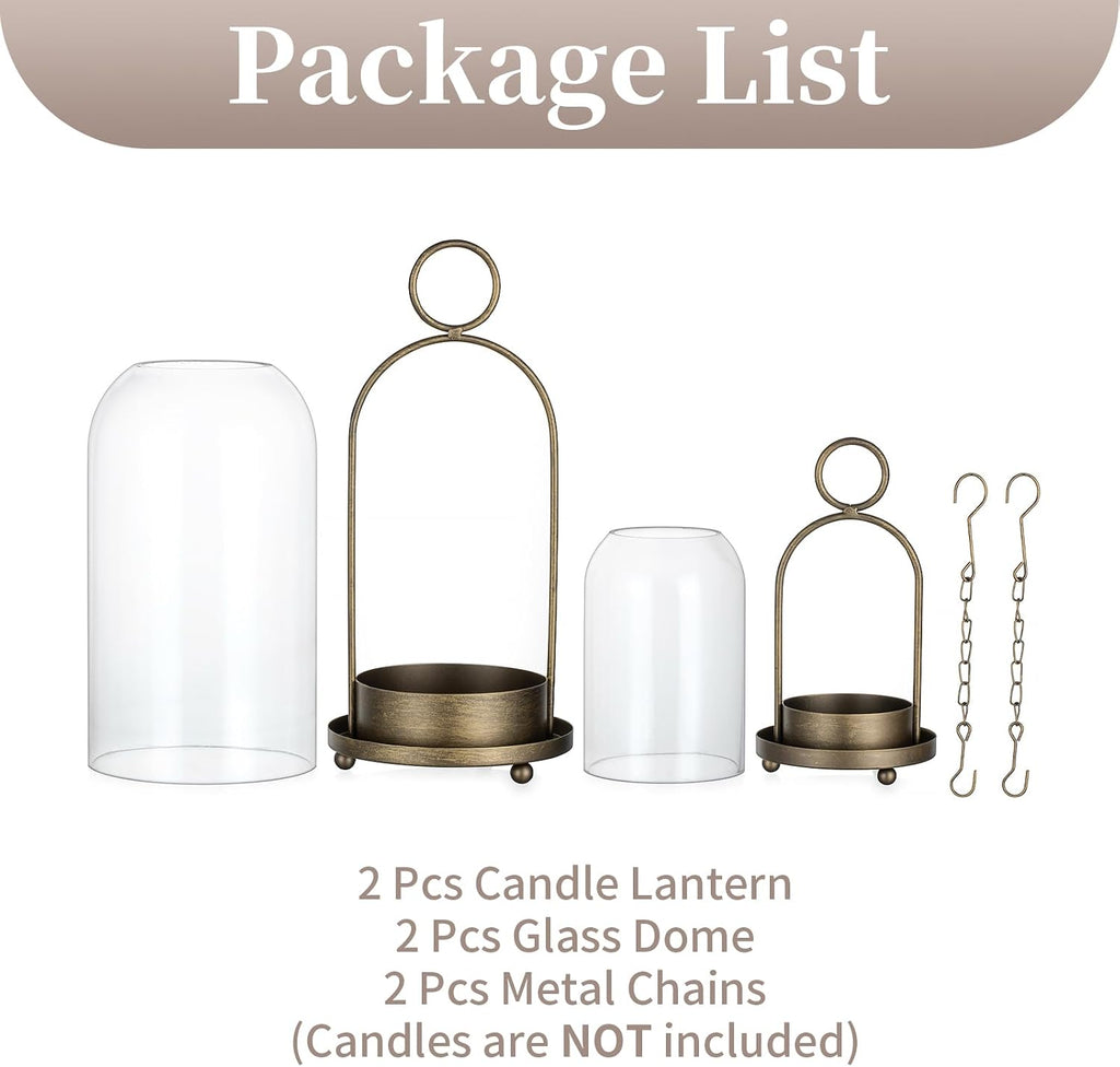 Hurricane Candle Holder Lanterns: Pillar Candle Holders Set of 2 for Outdoor - Antique Brass Metal Candleholder with