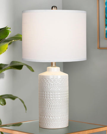 24.5" White Ceramic Table Lamp 3-Way Dimmable Nightstand with White Linen Shade Bedside Lamps & Livi