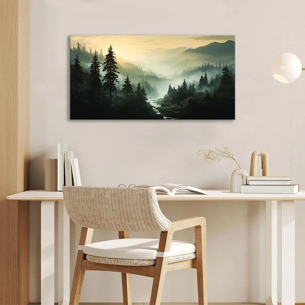 Misty Forest Canvas Wall Art Foggy Mountain Landscape Nature Picture Decor Living Room Pine Trees Smoky Scenery