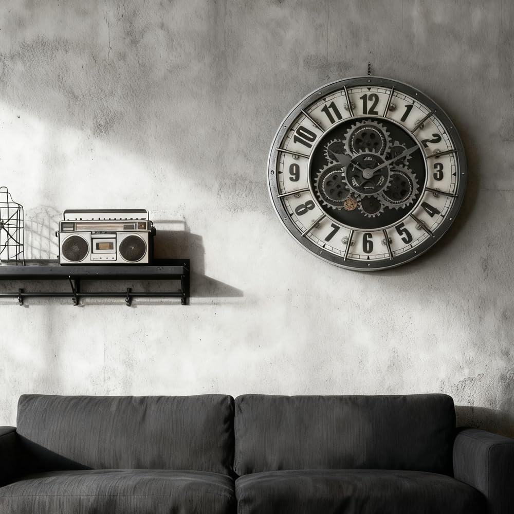 18 Inch Wall Clock with Moving Gears, Oversized Large Industrial Steampunk Decoration, Antique Metal Big Numeral Wall Clocks for Kitchen...