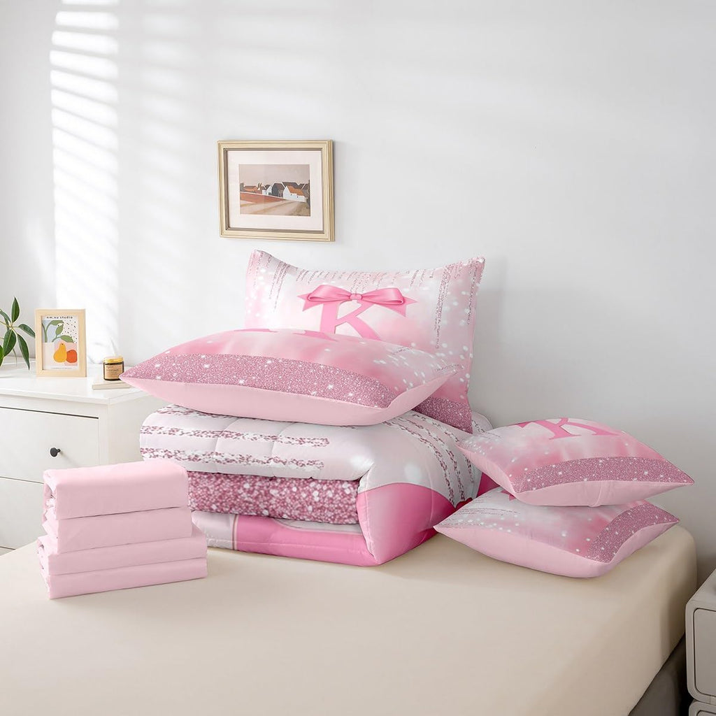 Kids Pink Bowknot 7 Pieces Bedding Set, Personalized Initial K Bed in A Bag Princess Glitter Comforter Set