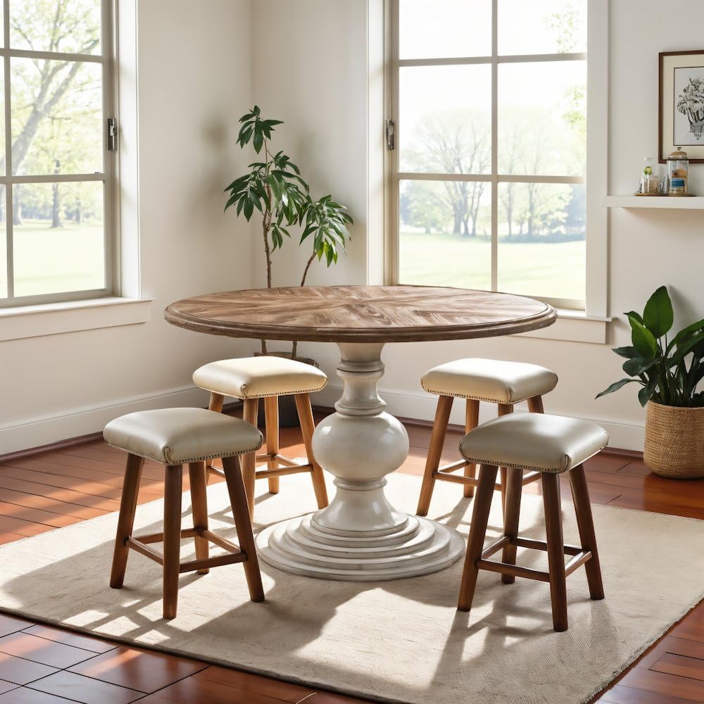 Brown Round Pedestal Dining Table with Wood Veneer and MDF Top, Ideal for Dining Room, Rustic or Modern Indoor Dining