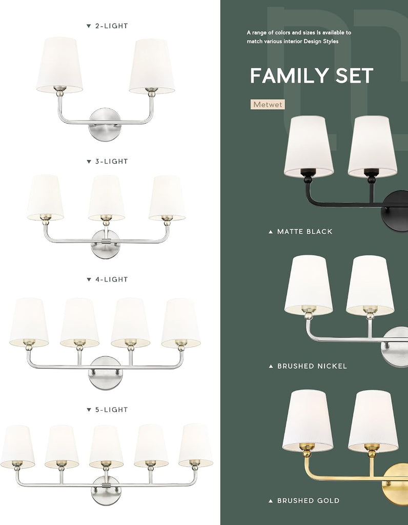 4-Light Brushed Nickel Bathroom Vanity Light, White Fabric Shades | Ideal for 32-42" mirrors, 28" bathroom light