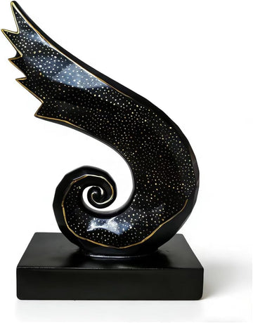 Black Gold Abstract Wing Resin Sculpture - Starry Gold Speckled Spiral Figurine Office Shelf Decor, Housewarming