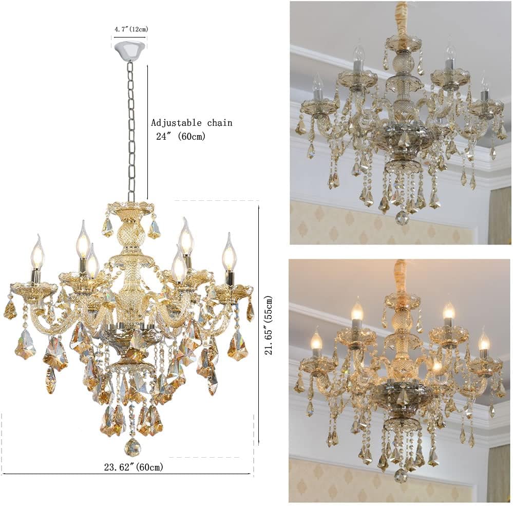 Modern K9 Crystal Chandelier Cognac 6 Lights, E12 Base Candle Crystal Pendant Lighting Fixture, Elegant Crystal Ceiling Light for Dinning Living Room Bedroom Hallway (6 Lights)