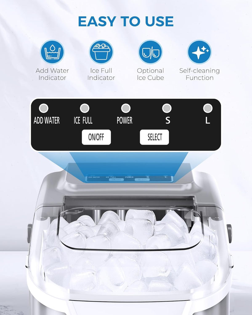 Countertop Ice Maker Portable Ice Machine with Handle,Self-Cleaning Ice Makers, 26Lbs/24H, 8 Ice Cubes Ready in 6
