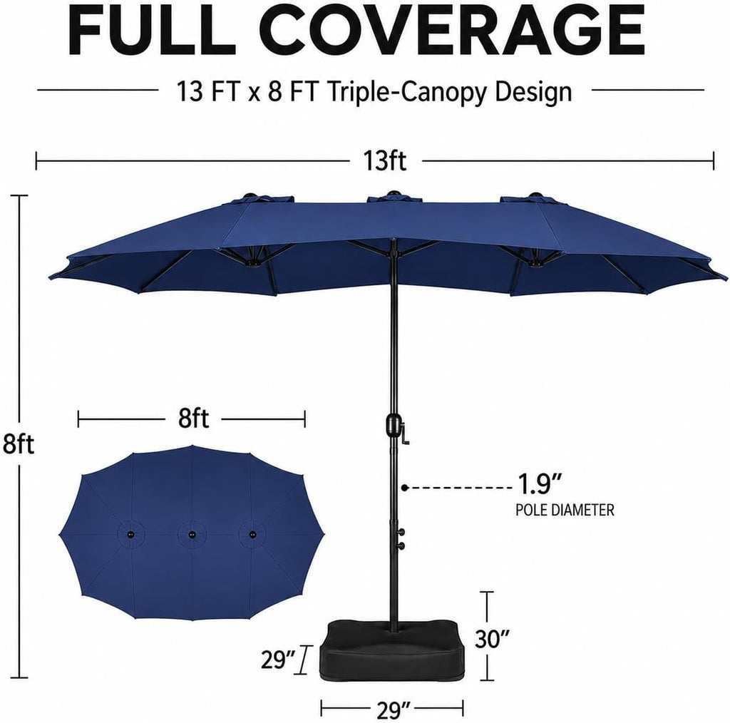 13 FT Triple-size Patio Umbrella w/Base Included - Market Extra-Large Double Sided Umbrella